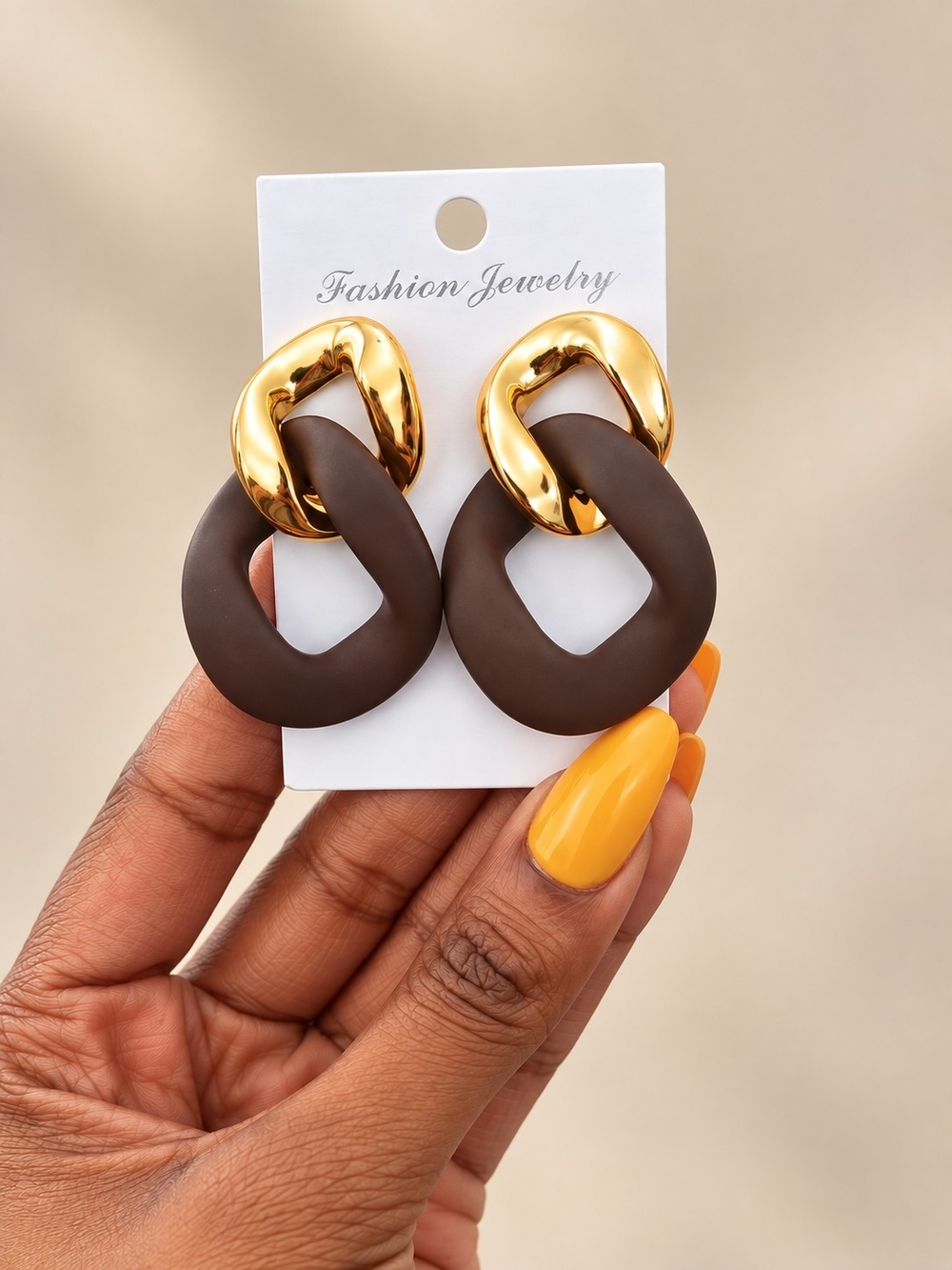 Fashion Jewelry Gold and Dark Brown Link Drop Earrings